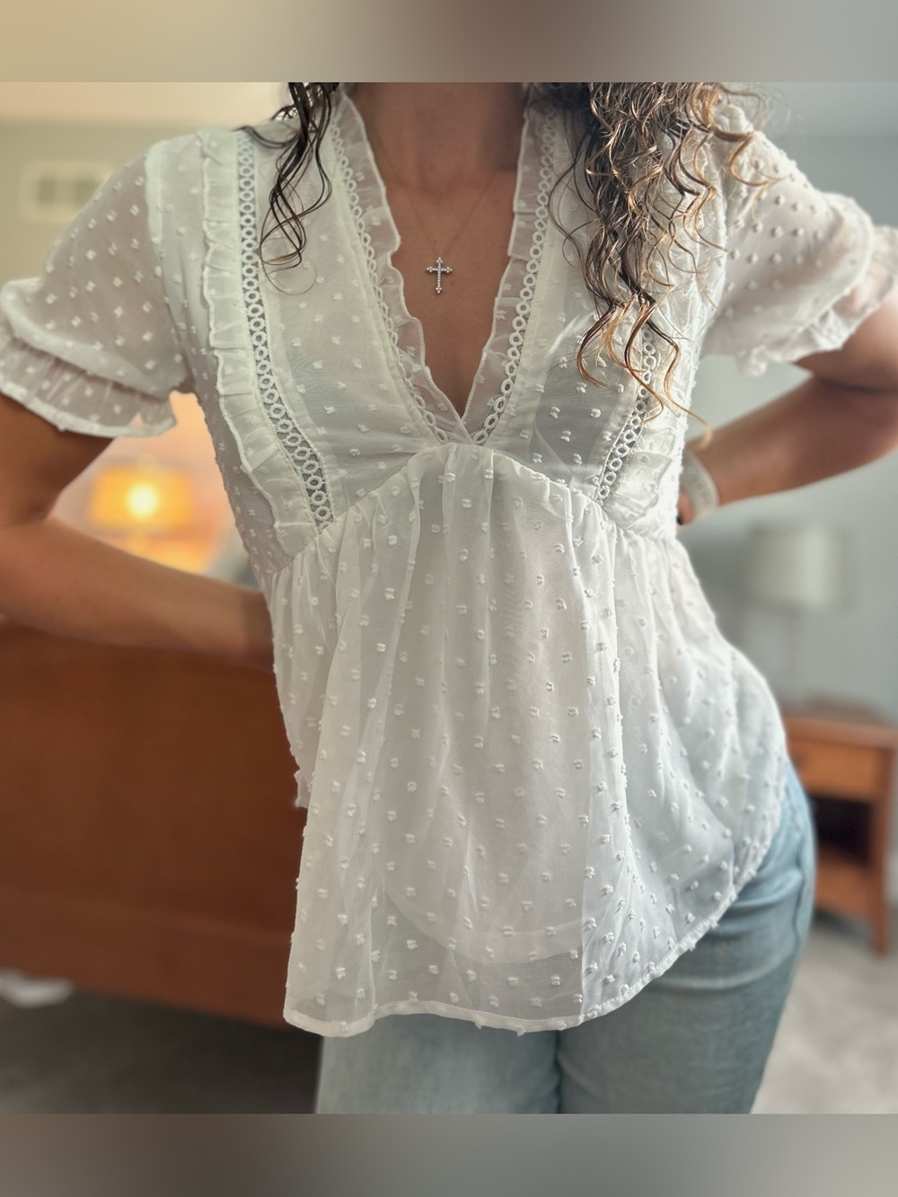 SHEIN White Swiss Dot Lace-Trim V-Neck Blouse